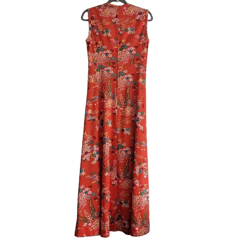 VTG Yves Jennet USA 70s Orange Floral Sleeveless‎ Maxi Dress Gown Women Medium